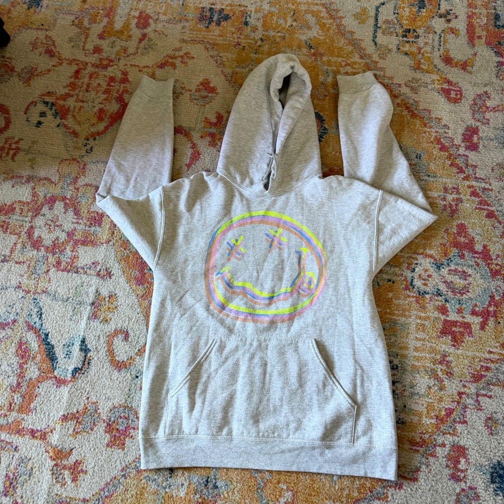 Nirvana Graphic Hoodie Heather Gray Neon Smiley Face Pullover Sweatshirt